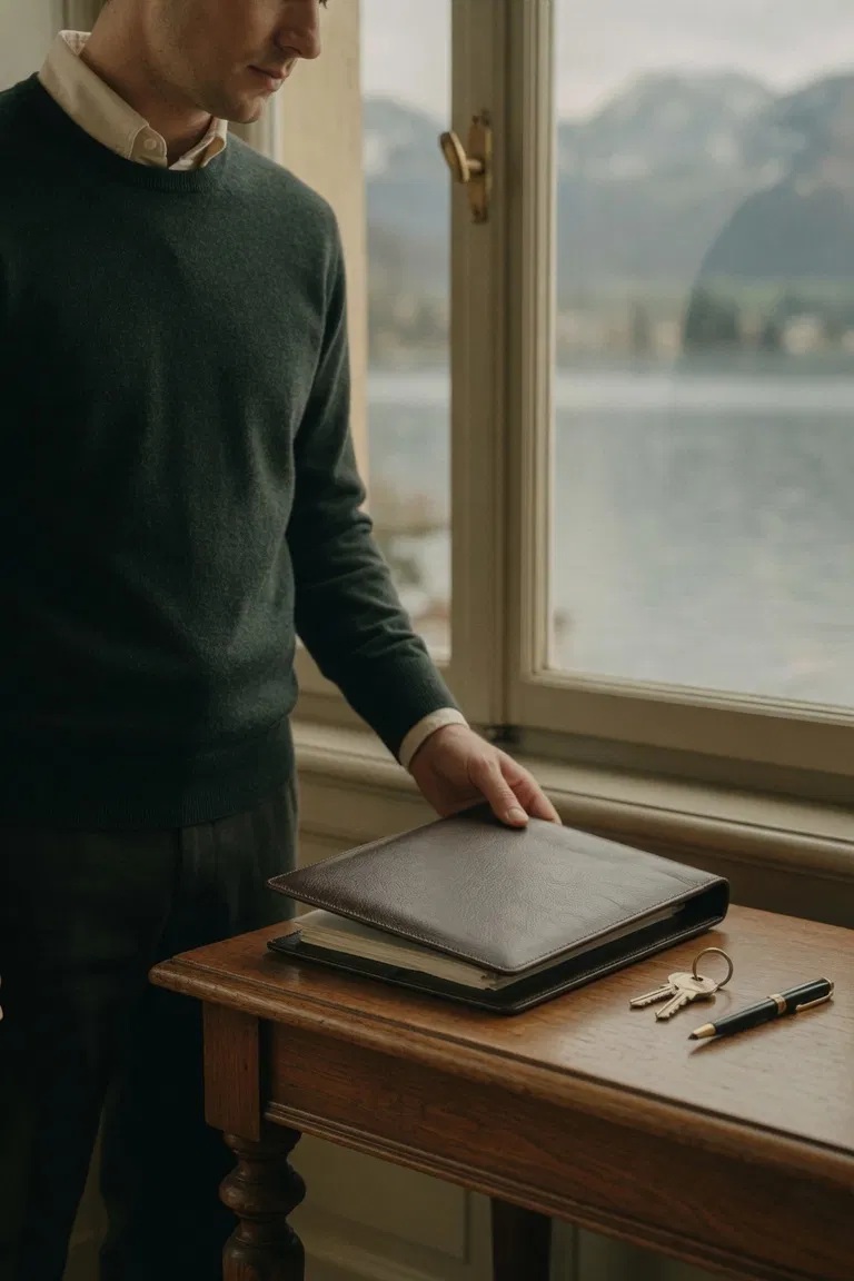A discreet assistant placing a leather document folder on a table, lake view behind